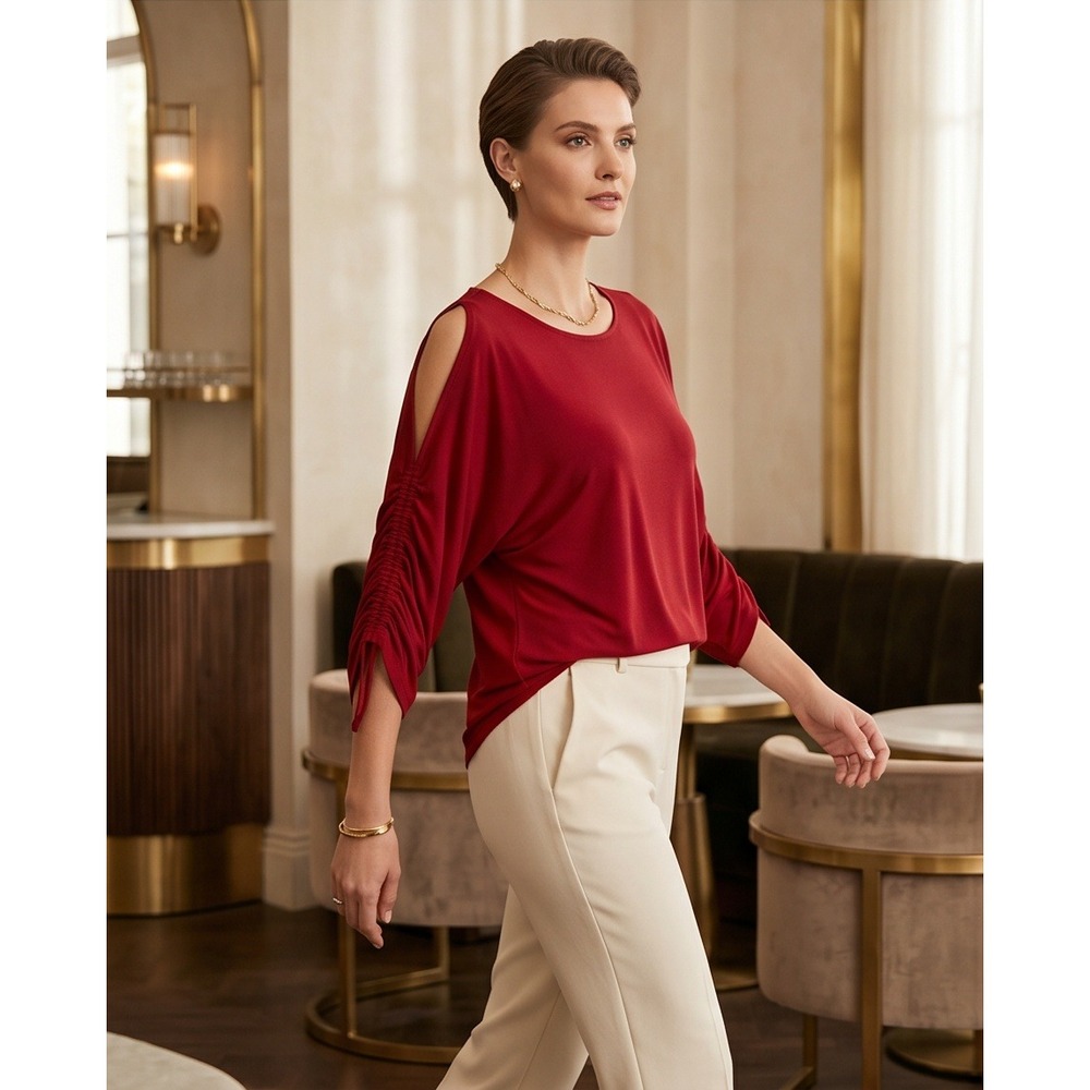 Chico's‎ Travelers 3 Red Cold Shoulder Ruched Sleeve Top Blouse XL